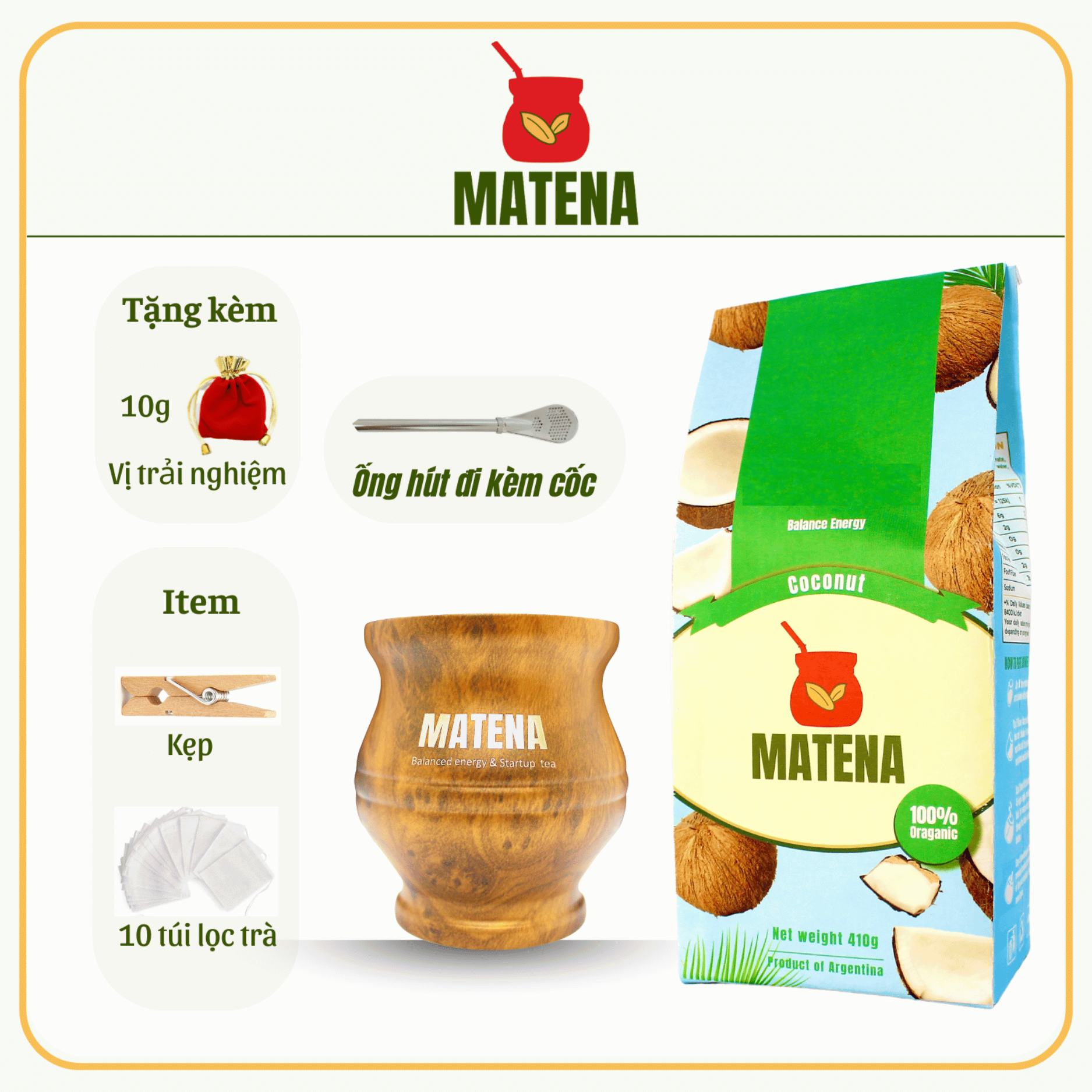 (Combo Trà + Cốc) Trà Nam Mỹ Yerba Mate dòng Dừa